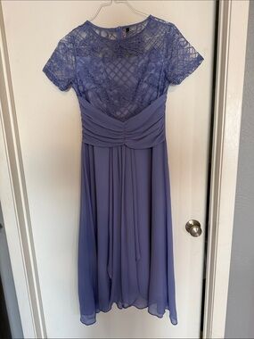 Periwinkle Lace Chiffon Midi Dress with Ruched Waist Sz S/M